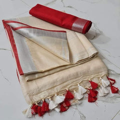 Handloom Bhagalpuri Linen Cotton Blend Contrast Border Saree for Women (12644 Reef_Beige-Red)