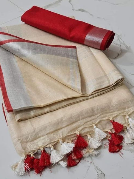Handloom Bhagalpuri Linen Cotton Blend Contrast Border Saree for Women (12644 Reef_Beige-Red)