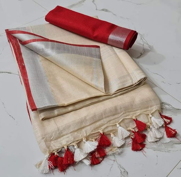 Handloom Bhagalpuri Linen Cotton Blend Contrast Border Saree for Women (12644 Reef_Beige-Red)