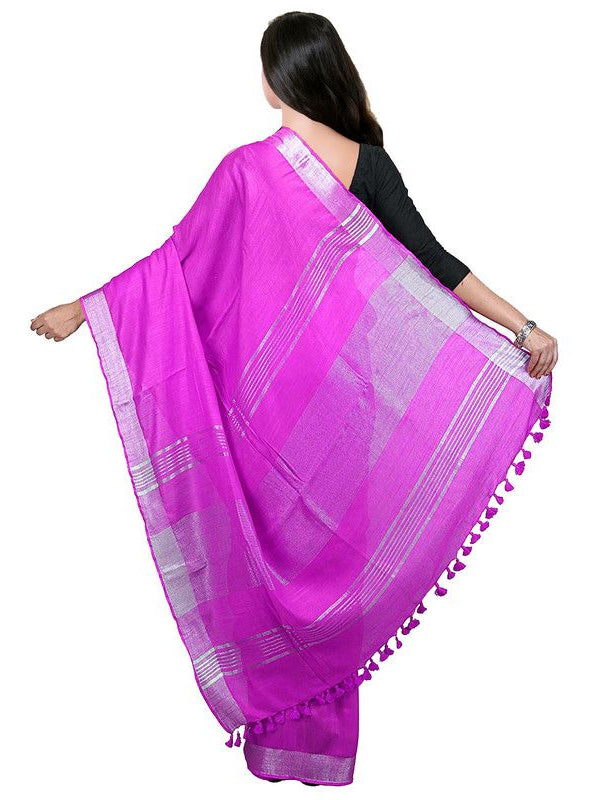 Magenta Bhagalpuri women's Handloom Linen Cotton Ethnic Wear Saree With Running Unstitched Blouse Piece - View 3