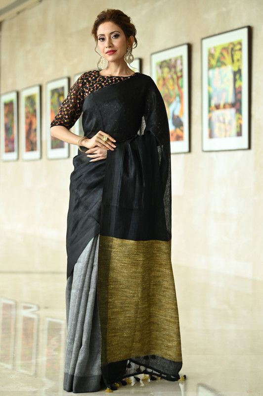 Pure Linen Handloom Ghicha Pallu Dual Color Bhagalpuri Black & Grey Saree