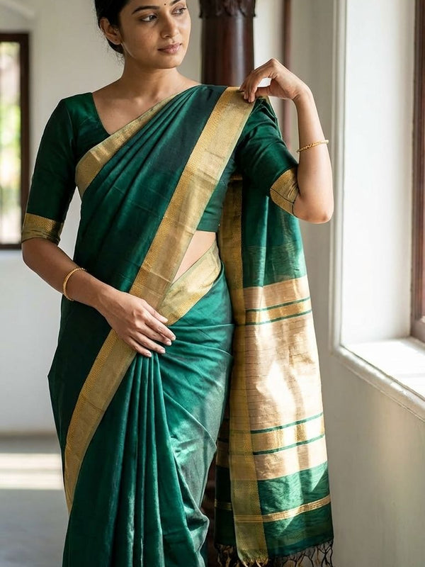 Bhagalpuri Cotton Tussar Silk Saree with Designed Border (Midnight Green) - View 3