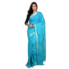 Cyan Bhagalpuri women's Handloom Linen Cotton Ethnic Wear Saree With Running Unstitched Blouse Piece