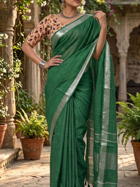 Handwoven Linen Blend Saree With Running Blouse Piece(Bottle Green)
