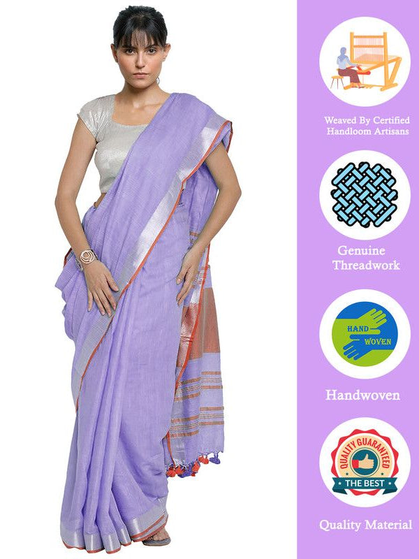 Lavener Purple-Red women's Bhagalpuri Handloom Cotton Linen Blend Contrast Pallu Saree And Unstitched Contrast Blouse Piece - View 2