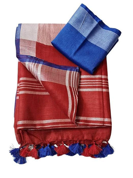 Handloom Bhagalpuri Linen Cotton Blend Contrast Border Saree for Women (12642 Red-Blue) - View 2