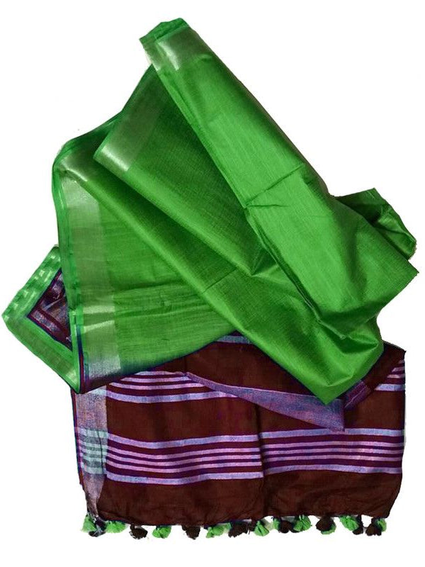 Maroon & Kelly Green Bhagalpuri women's Ethnic Wear Handloom Linen Cotton Blend Zari Border Two Dye Saree With Running Unstitched Blouse Piece
