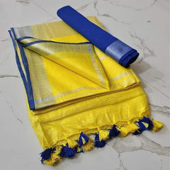 Handloom Bhagalpuri Linen Cotton Blend Contrast Border Saree for Women (12612 Canary_Yellow-Blue)