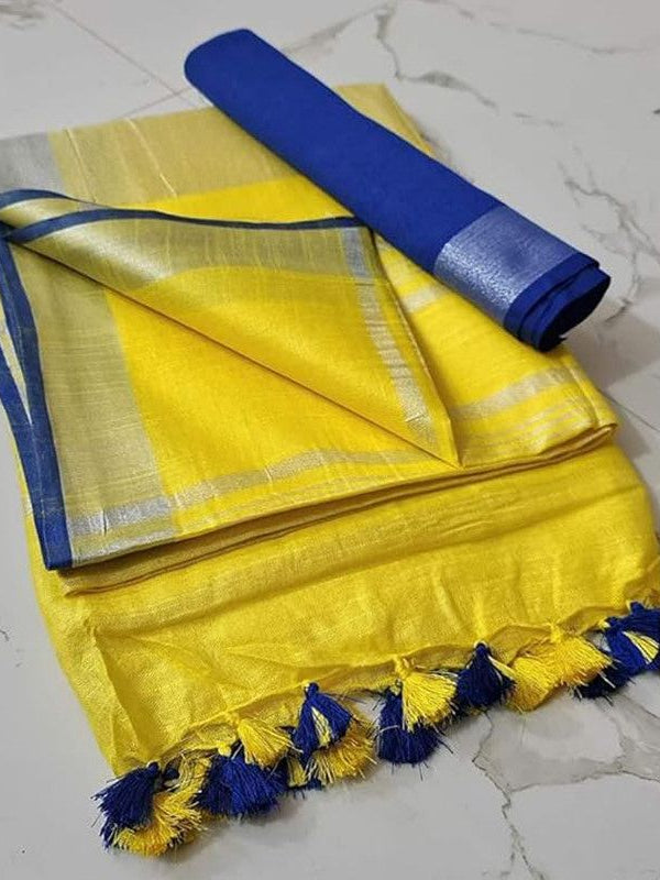 Handloom Bhagalpuri Linen Cotton Blend Contrast Border Saree for Women (12612 Canary_Yellow-Blue)