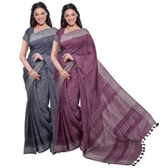 Grey & Quinacridone Magenta women's Bhagalpuri Handloom Cotton-Linen Blend Saree Combo (Pack Of 2) With Running Unstiched Blouse Piece