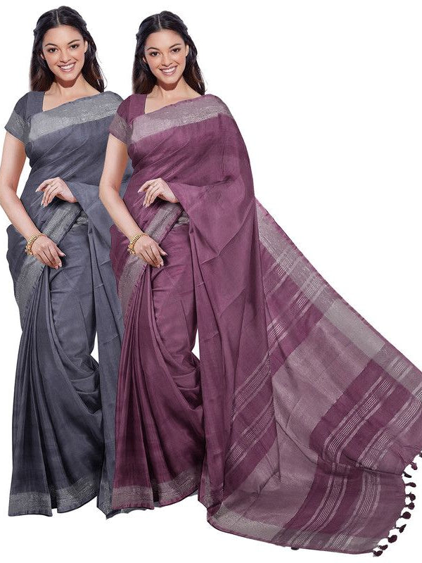 Grey & Quinacridone Magenta women's Bhagalpuri Handloom Cotton-Linen Blend Saree Combo (Pack Of 2) With Running Unstiched Blouse Piece