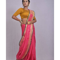 Linen Cotton Blend Contrast Handloom Bhagalpuri Saree for Women (Froly_Pink-Dark_Green) - View 3