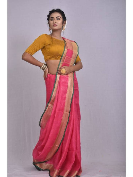 Linen Cotton Blend Contrast Handloom Bhagalpuri Saree for Women (Froly_Pink-Dark_Green) - View 3