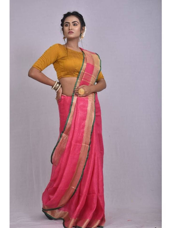 Linen Cotton Blend Contrast Handloom Bhagalpuri Saree for Women (Froly_Pink-Dark_Green) - View 3
