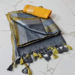 Handloom Bhagalpuri Linen Cotton Blend Contrast Border Saree for Women (12634 Grey-Yellow)