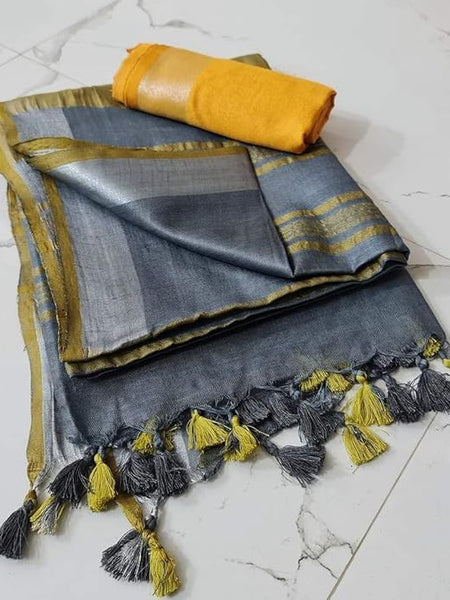Handloom Bhagalpuri Linen Cotton Blend Contrast Border Saree for Women (12634 Grey-Yellow)