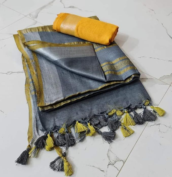 Handloom Bhagalpuri Linen Cotton Blend Contrast Border Saree for Women (12634 Grey-Yellow)