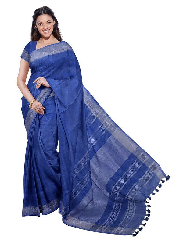 Cobalt Blue & Sienna Orange women's Bhagalpuri Handloom Cotton-Linen Blend Saree Combo (Pack Of 2) With Running Unstiched Blouse Piece - View 3