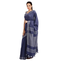 Dark Blue women's Bhagalpuri Handloom Blend Linen-Cotton Saree With Running Unstiched Blouse Piece_Free Size_Variation Of Colors
