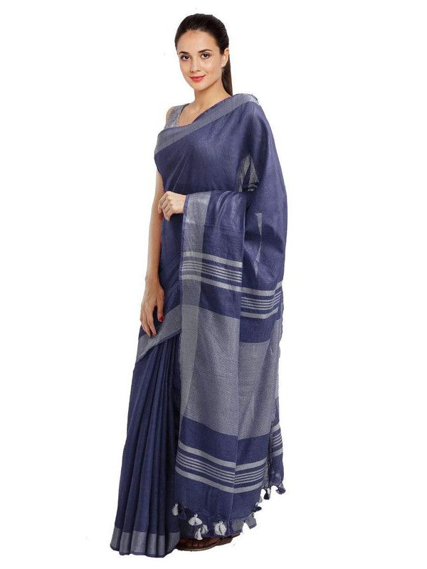 Dark Blue women's Bhagalpuri Handloom Blend Linen-Cotton Saree With Running Unstiched Blouse Piece_Free Size_Variation Of Colors