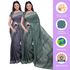 Grey & Hookers' Green women's Bhagalpuri Handloom Cotton-Linen Blend Saree Combo (Pack Of 2) With Running Unstiched Blouse Piece - View 2