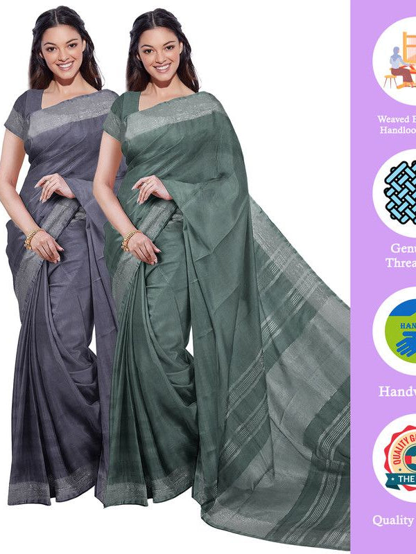 Grey & Hookers' Green women's Bhagalpuri Handloom Cotton-Linen Blend Saree Combo (Pack Of 2) With Running Unstiched Blouse Piece - View 2