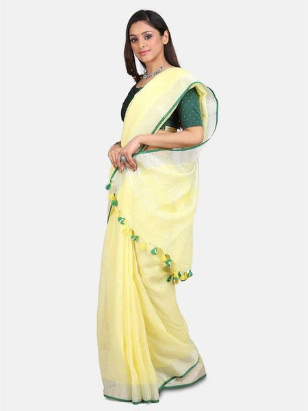Linen Cotton Blend Contrast Handloom Bhagalpuri Saree (Lime_Yellow-Green) - View 2