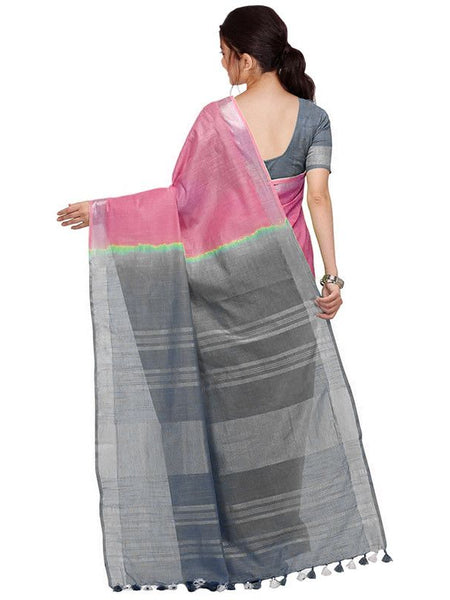Flamingo Pink & Grey women's Bhagalpuri Handloom Ethnic Wear Linen Two Dye Saree With Running Unstitched Blouse Piece - View 3