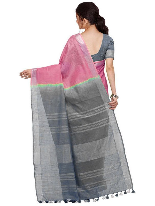 Flamingo Pink & Grey women's Bhagalpuri Handloom Ethnic Wear Linen Two Dye Saree With Running Unstitched Blouse Piece - View 3