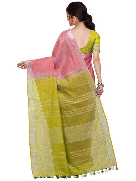 Coral Pink & Pear Green women's Bhagalpuri Handloom Linen Slub Blend Two Dye Saree With Running Unstitched Blouse Piece - View 4