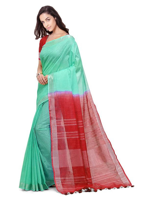 Aquamarine Turquoise & Red women's Bhagalpuri Handloom Linen Slub Blend Two Dye Saree With Running Unstitched Blouse Piece - View 3