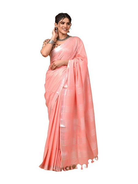 Linen Cotton Blend Handloom Bhagalpuri Saree with Zari Border (12799 Salmon_Pink) - View 3