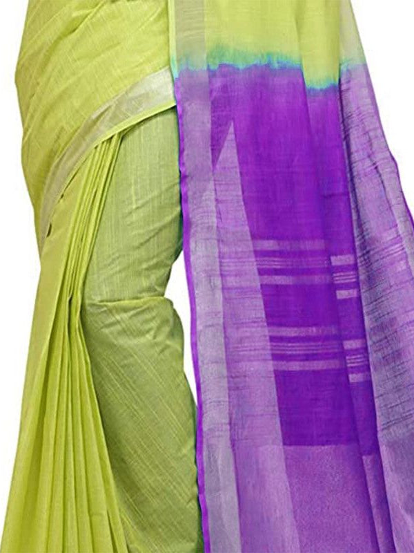 Lime Green & French Violet women's Handloom Bhagalpuri Cotton Slub Blend Two Dye Saree With Running Unstitched Blouse Piece - View 3