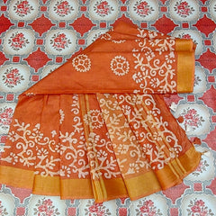Linen Cotton Blend Handloom Batik Print Saree (GLBR_Gold-Dusty_Orange)