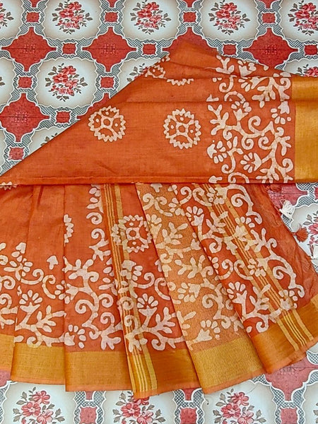 Linen Cotton Blend Handloom Batik Print Saree (GLBR_Gold-Dusty_Orange)