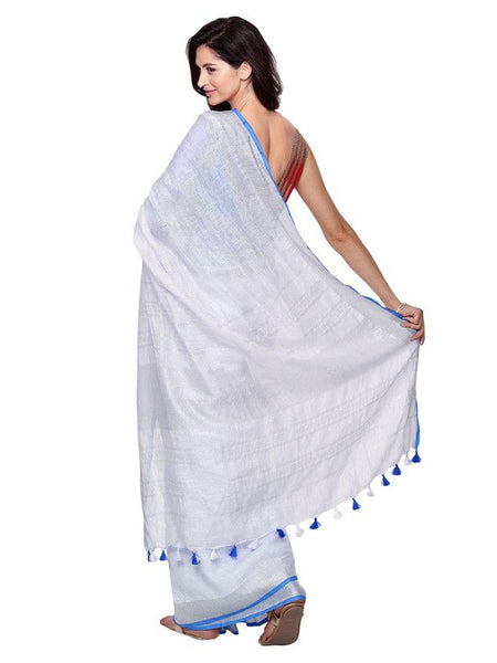 Cyan women's Bhagalpuri Handloom Linen Cotton Blend White Saree With Silver Zari Border And Contrast Unstitched Blouse Piece - View 3