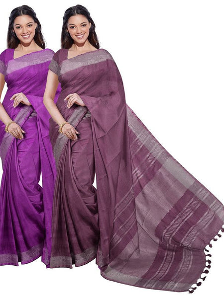 Electric Purple & Quinacridone Magenta women's Bhagalpuri Handloom Cotton-Linen Blend Saree Combo (Pack Of 2) With Running Unstiched Blouse Piece