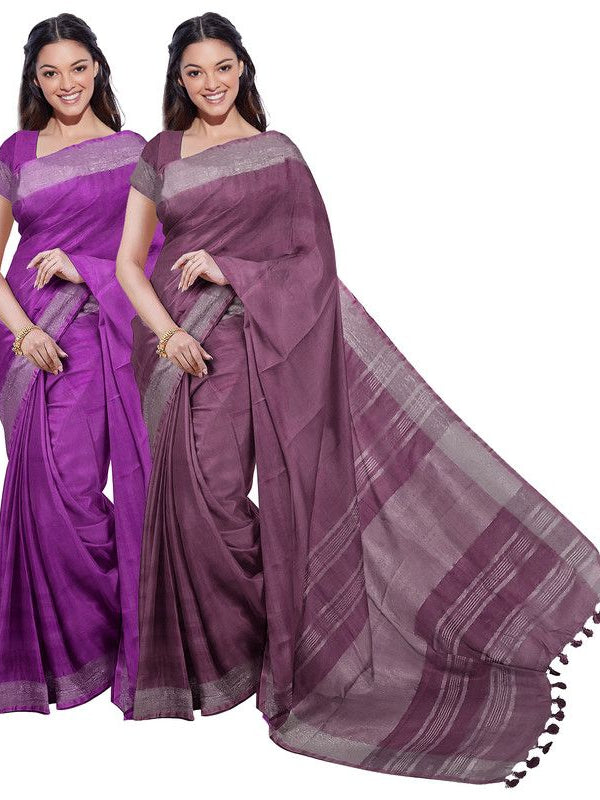 Electric Purple & Quinacridone Magenta women's Bhagalpuri Handloom Cotton-Linen Blend Saree Combo (Pack Of 2) With Running Unstiched Blouse Piece