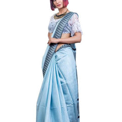 Baby Blue women's Bhagalpuri Handloom Kota Silk Temple Border Saree And Variation Of Colors With Striped Blouse Piece - View 7