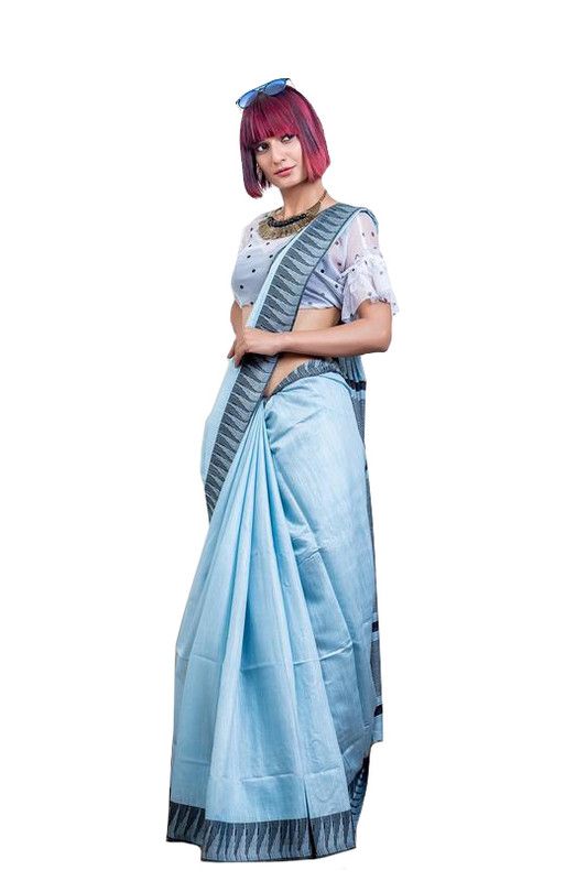 Baby Blue women's Bhagalpuri Handloom Kota Silk Temple Border Saree And Variation Of Colors With Striped Blouse Piece - View 7