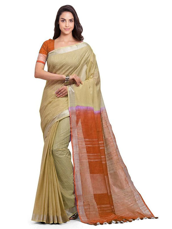 Handloom Bhagalpuri Linen Cotton Slub Blend Two Dye Saree With Running Unstitched Blouse Piece - View 2