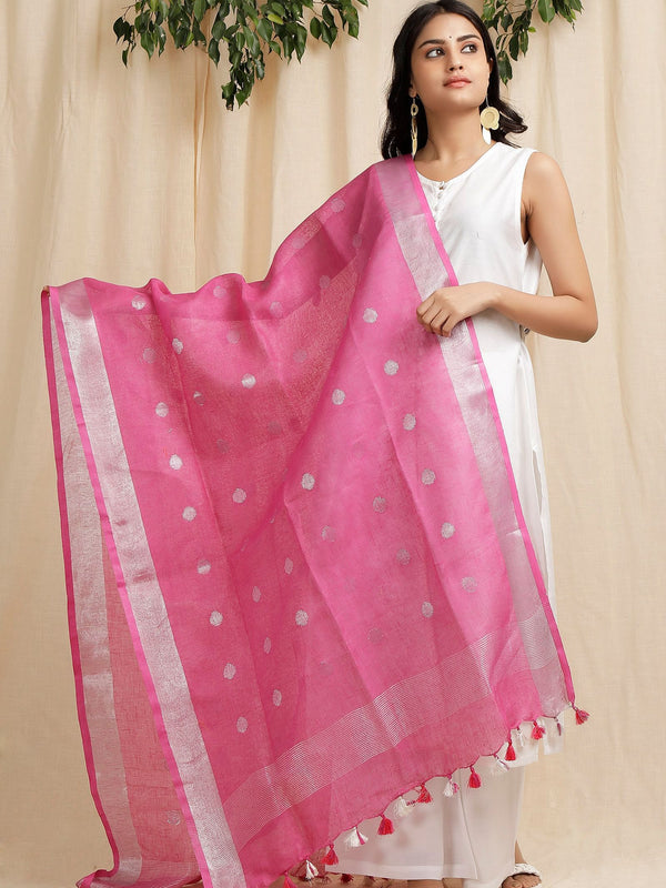 Handloom Pure Linen Bhagalpuri Dupatta with Weaving Circle Motif (Pink)