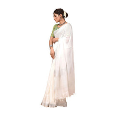 Linen Cotton Blend Handloom Bhagalpuri Saree with Zari Border (12802 White) - View 2