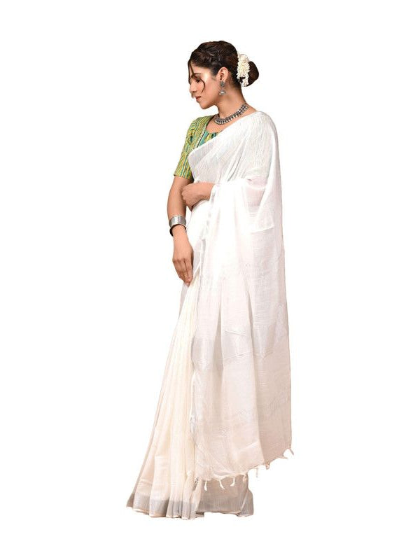 Linen Cotton Blend Handloom Bhagalpuri Saree with Zari Border (12802 White) - View 2
