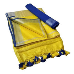 Handloom Bhagalpuri Linen Cotton Blend Contrast Border Saree for Women (12612 Canary_Yellow-Blue) - View 2