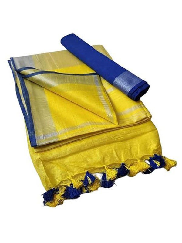 Handloom Bhagalpuri Linen Cotton Blend Contrast Border Saree for Women (12612 Canary_Yellow-Blue) - View 2