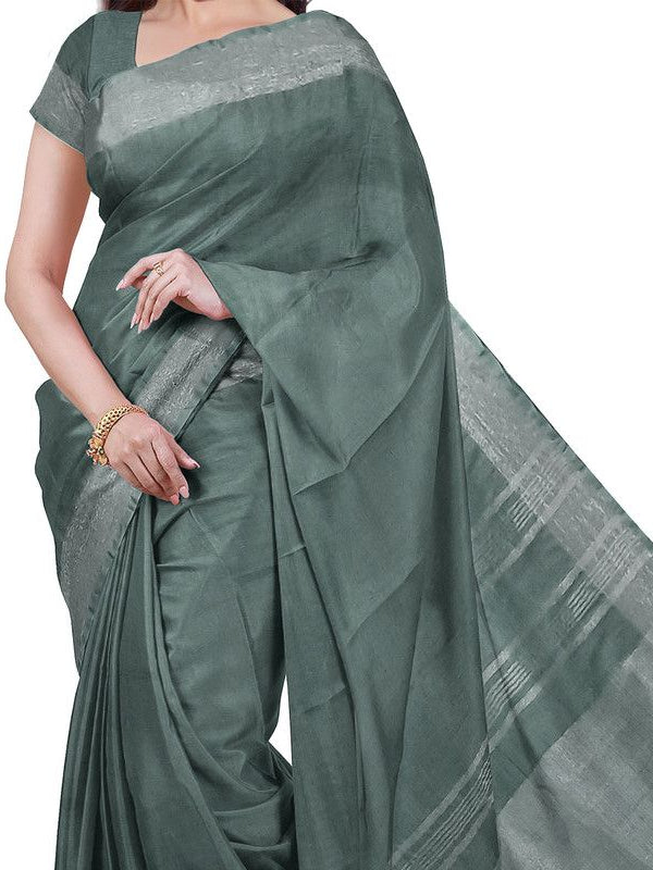 Green & Hookers' Green women's Bhagalpuri Handloom Cotton-Linen Blend Saree Combo (Pack Of 2) With Running Unstiched Blouse Piece - View 3