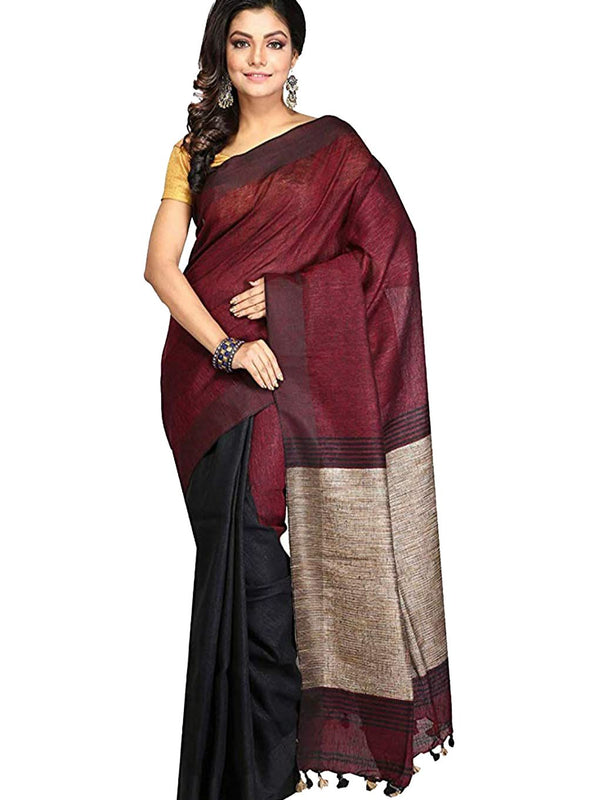 Pure Linen with Ghicha Pallu Dual Color Handloom Saree (Maroon-Black)