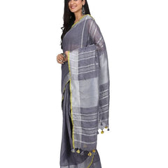 Linen Cotton Blend Contrast Handloom Bhagalpuri Saree (Grey-Yellow) - View 2