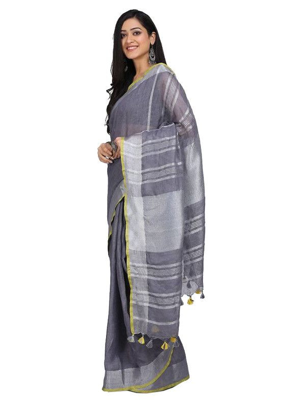 Linen Cotton Blend Contrast Handloom Bhagalpuri Saree (Grey-Yellow) - View 2